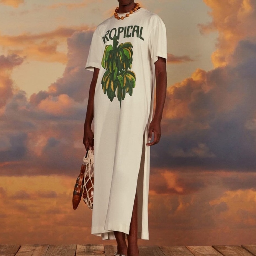 FARM Rio Cream Maxi Dress with Green Tropical Print